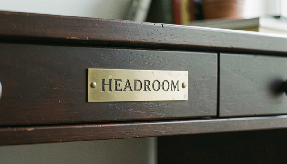 Engraved brass nameplate reading Headroom mounted on dark writing desk drawer front
