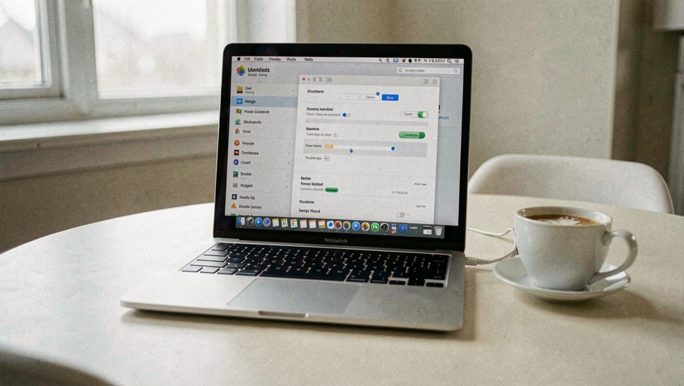 A silver MacBook on a pale desk showing its storage settings window beside a cup of coffee