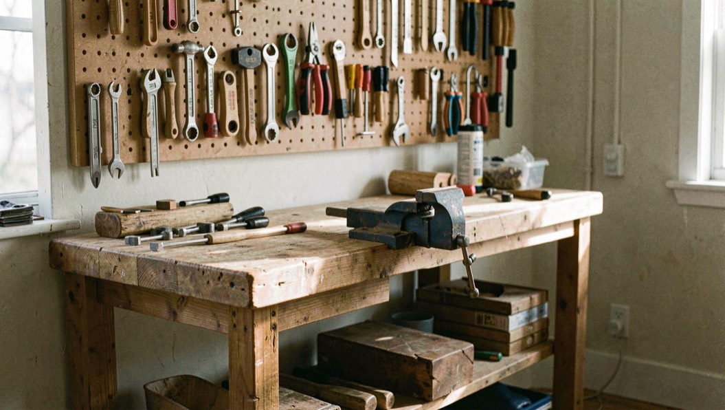 Orderly wooden tool bench at morning light with hand tools hung along pegboard above clean bench vise