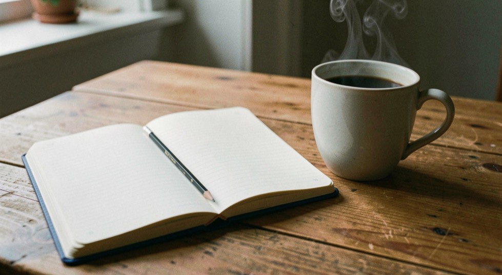 Open lined notebook with resting pencil beside steaming coffee mug on warm wood table