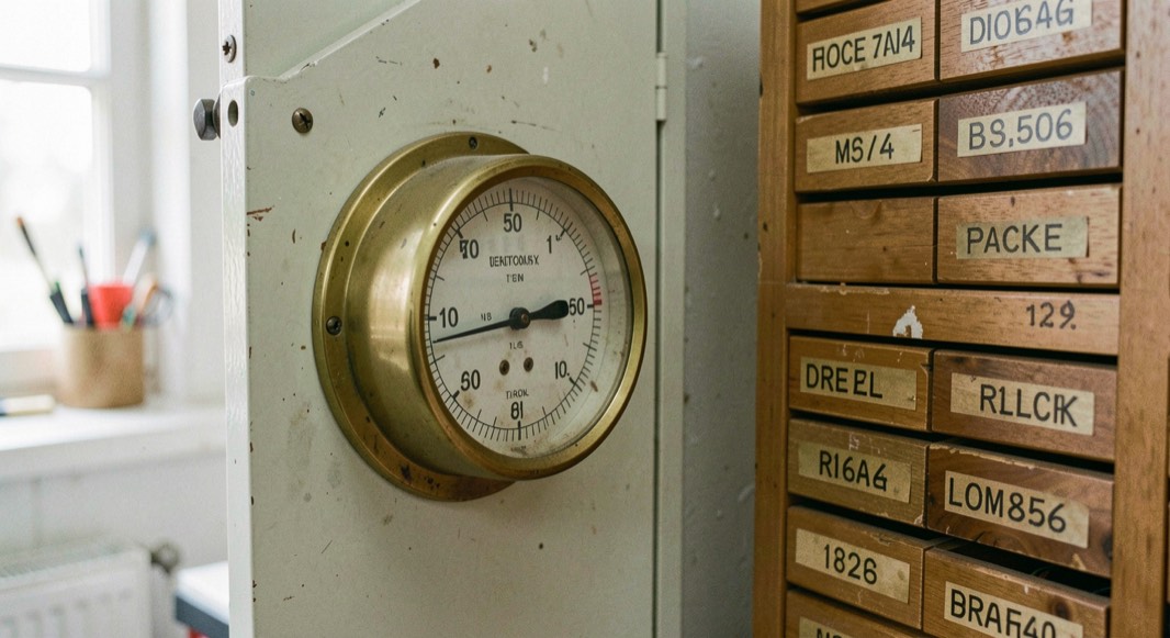 Round brass gauge mounted on pale workshop panel beside labeled wooden drawers in daylight