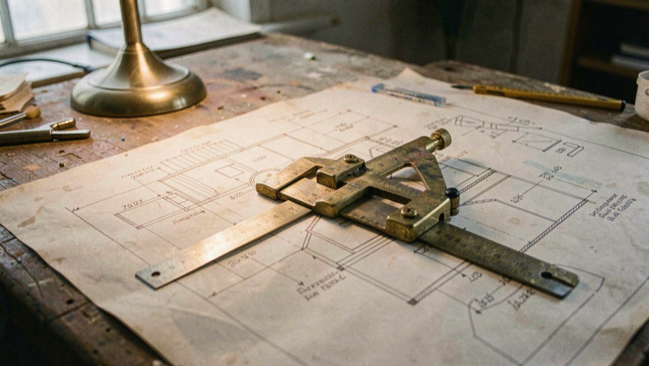 Drafting blueprint spread beneath brass caliper and steel rule on aged drafting table lamplight