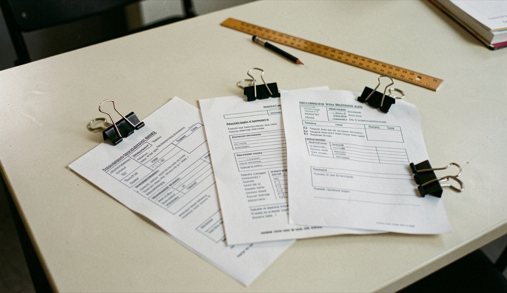 Three printed worksheet sheets held by binder clips across pale table with pencil and ruler