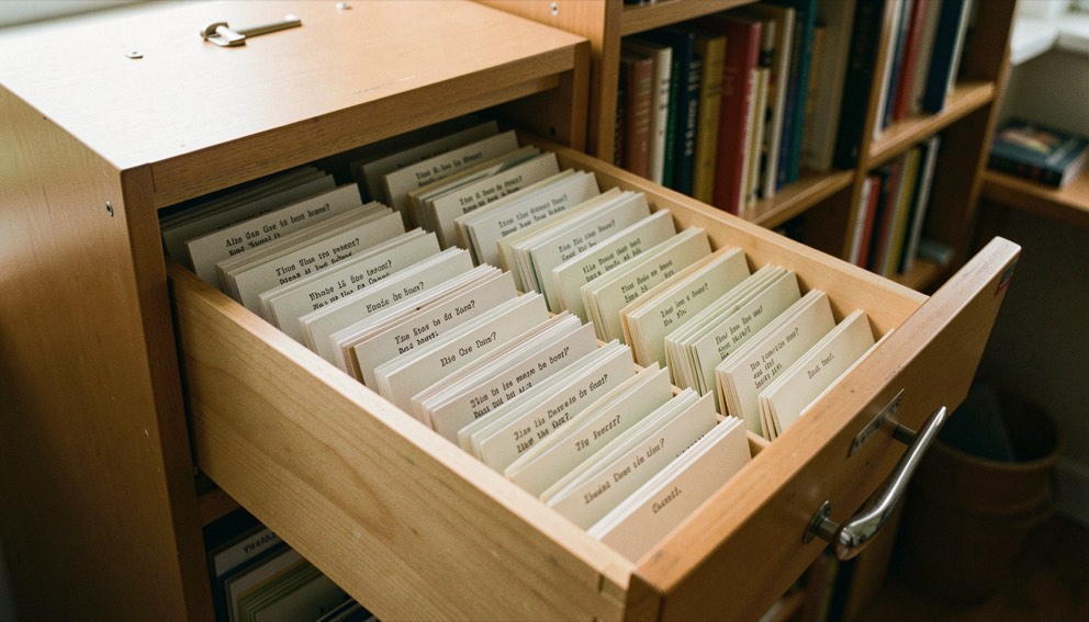 Card catalog drawers slightly open revealing typed question cards indexed alphabetically warm light