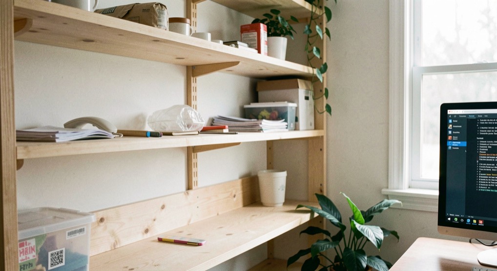 Pale wooden shelves freshly cleared of clutter in bright daylight beside a monitor and plant
