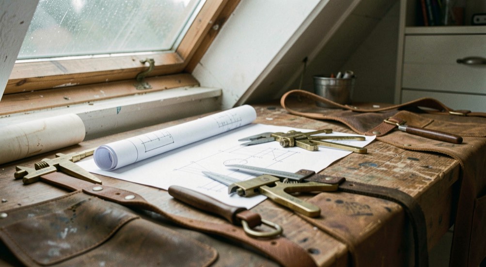 Workbench arranged with drafting blueprints, brass calipers and worn leather aprons under skylight
