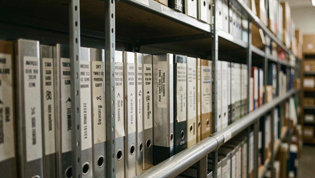Labeled aluminum drives lined orderly along archive shelving illuminated softly near rail
