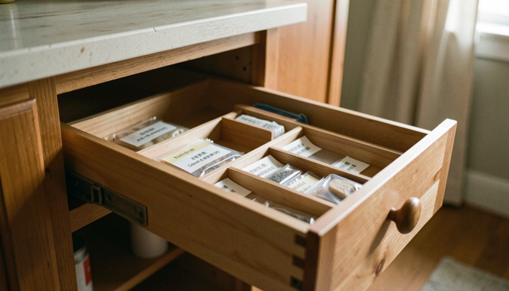 Open wooden cabinet drawers revealing neatly labeled compartments in warm afternoon light
