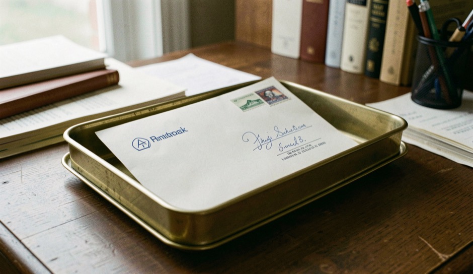 Stamped envelope resting on brass letter tray atop orderly desk awaiting collection morning light