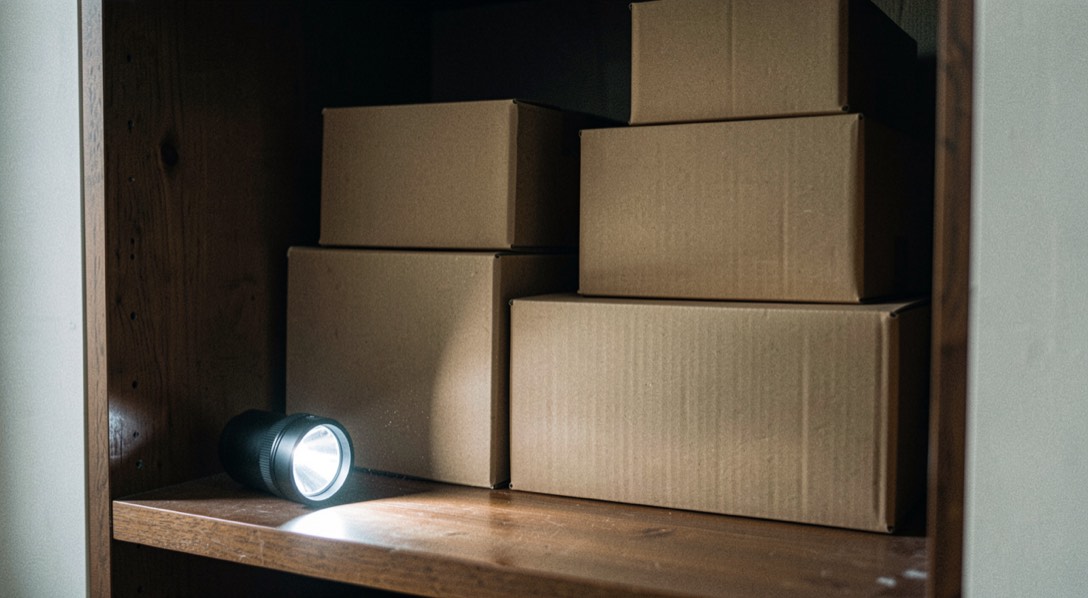A small flashlight lying on a wooden shelf, its beam lighting a deep cupboard stacked with plain cardboard boxes of mixed sizes