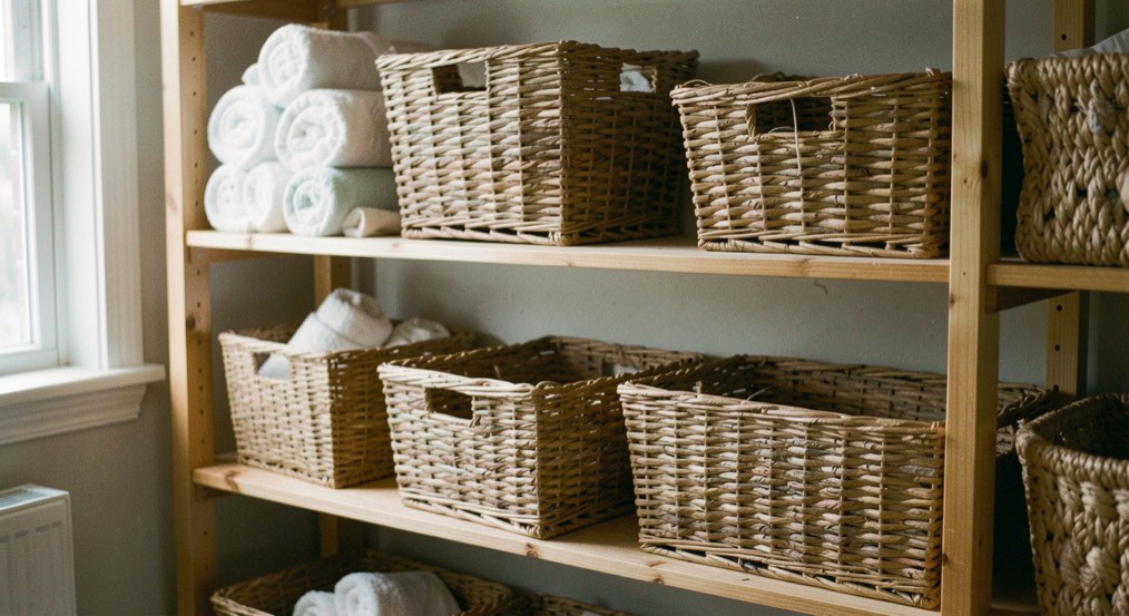Woven storage baskets of different sizes on open wooden shelves, some filled with rolled towels and some half empty, in soft morning side light